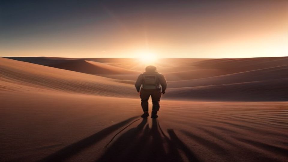 Astronaute traversant les dunes à l’heure dorée